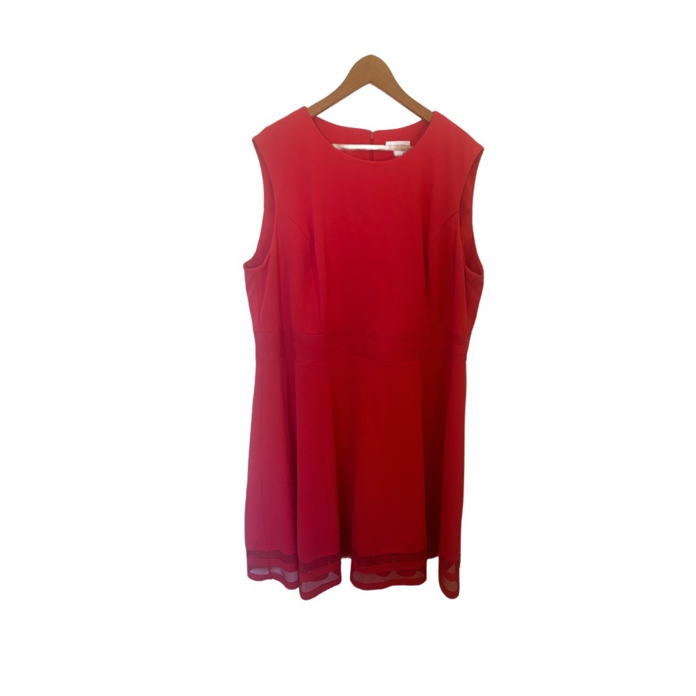 Calvin Klein Red Sleeveless Fit and Flare Mesh Stripe Hem Cocktail Dress Womens